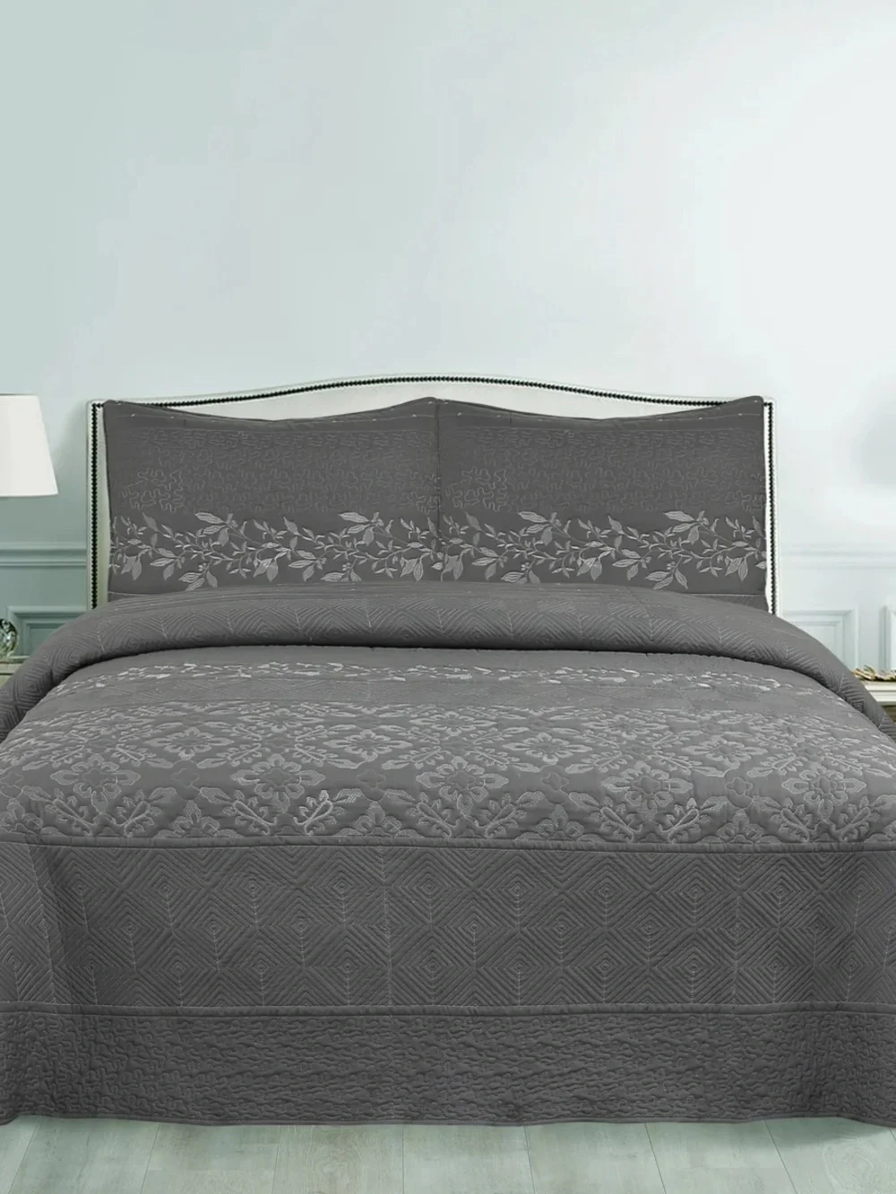 Gray Quilted Floral 3 piece Bedspread Set -
